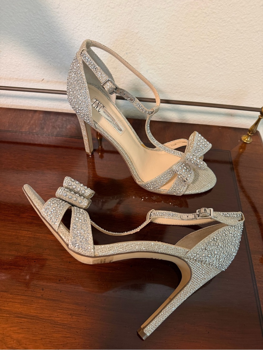 INC International Concepts Silver Crystal T-Strap High Heel Sandals with Bow